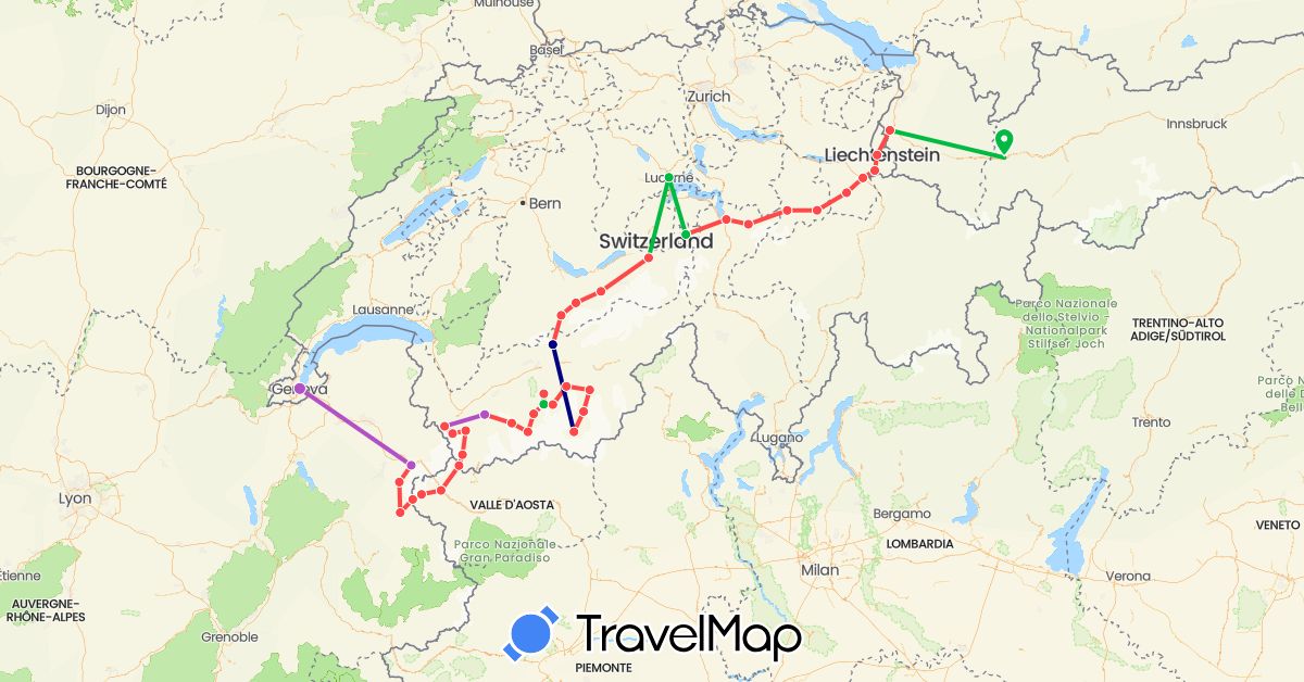 TravelMap itinerary: driving, bus, train, hiking in Austria, Switzerland, France, Italy, Liechtenstein (Europe)